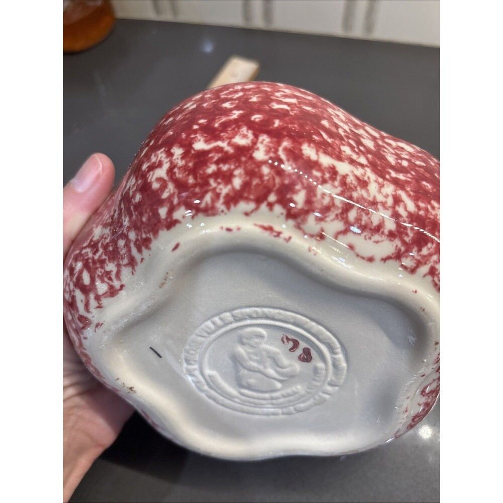 Vintage Red White Spongeware Spatterware Wavy Round Pottery Bowl USA Rustic 6” - Picture 7 of 11
